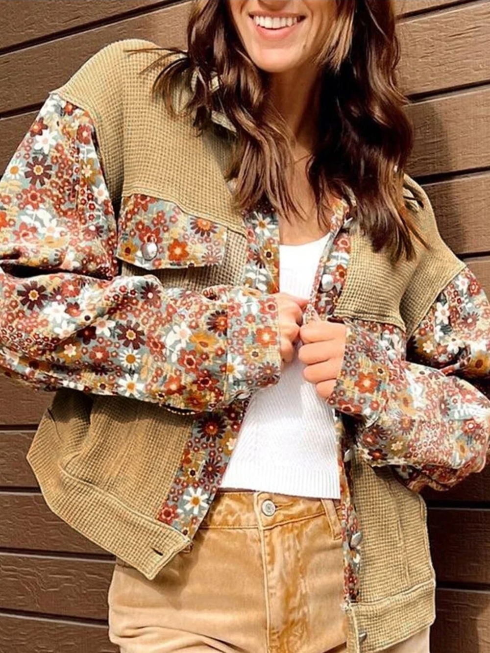 Waffle Corduroy Patchwork Jacket in Tan Floral - Unbranded